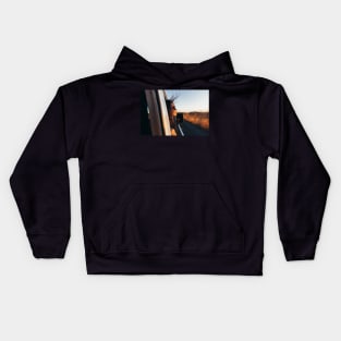 Road Tripping - Beautiful Woman Sticking Head Outside Car Window While Driving Kids Hoodie